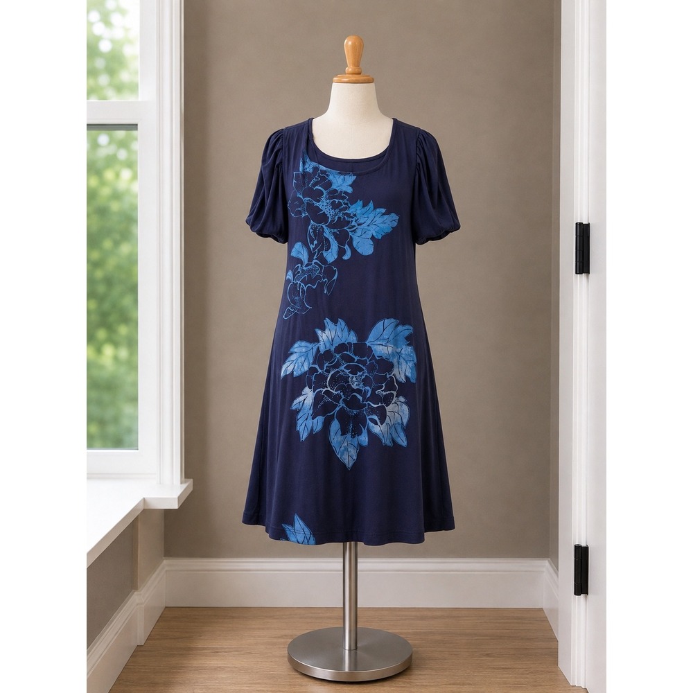 New York & Company Navy Blue Floral Square Neck Stretch Knit Dress Large Beachy